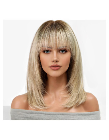 Peluca KKU de Cabello Humano Ombre Rubia 40 cm con Flequillo