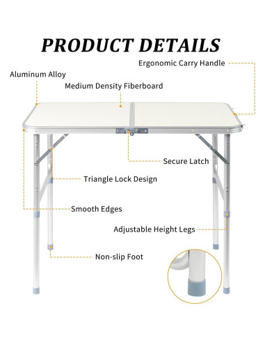 Mesa de Camping VINGLI 3ft Plegable Ajustable Blanca