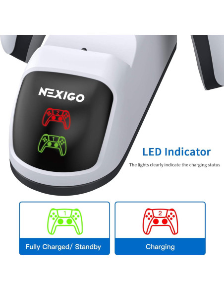 Cargador Doble NexiGo para Controlador PS5 con LED Blanco Cargador Doble NexiGo para Controlador PS5 con LED Blanco