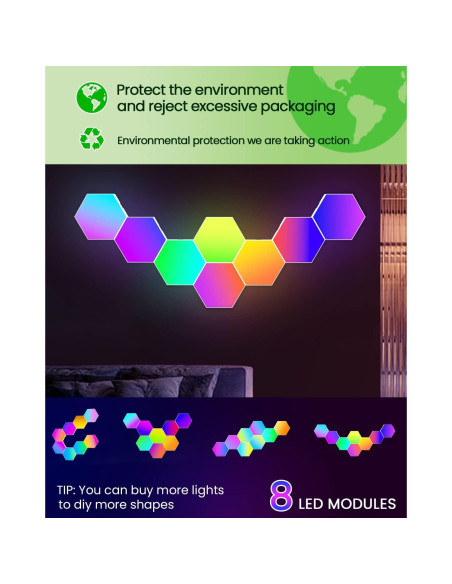 Paquete de 8 Paneles LED Hexagonales NIUCOO RGB Inteligentes Paquete de 8 Paneles LED Hexagonales NIUCOO RGB Inteligentes