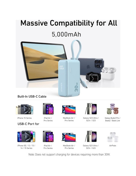 Anker Power Bank 5000mAh 30W USB-C Integrado Blanco Anker Power Bank 5000mAh 30W USB-C Integrado Blanco