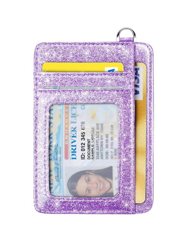 Billetera delgada RFID para mujeres con llavero morado