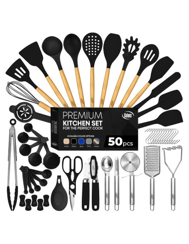 Juego de Utensilios de Cocina Kaluns 50 Piezas Silicona Madera