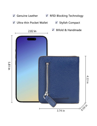 Cartera de Cuero AINIMOER Mini Plegable con RFID Azul