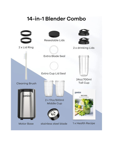Licuadora Ganiza GB06 14 en 1 para Batidos y Smoothies