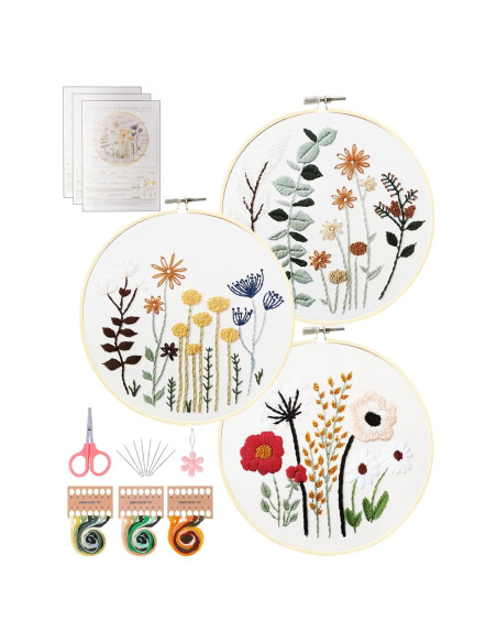 Kit de Bordado Santune 3 Sets Floral para Principiantes Kit de Bordado Santune 3 Sets Floral para Principiantes