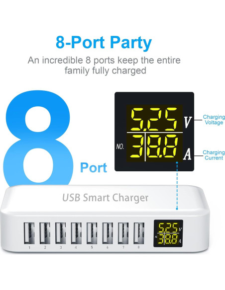 Estación de Carga USB Ziwodiv i6 8 Puertos 60W Cargador Rápido Estación de Carga USB Ziwodiv i6 8 Puertos 60W Cargador Rápido