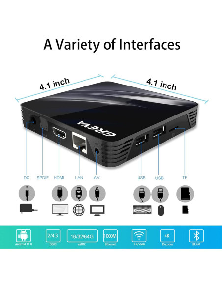 GREVA Android TV Box 11.0 4K 2GB RAM 16GB ROM WiFi Dual GREVA Android TV Box 11.0 4K 2GB RAM 16GB ROM WiFi Dual