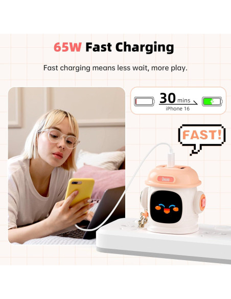 Cargador Divoom Dipow 65W USB-C Rápido 3 Puertos Rosa Cargador Divoom Dipow 65W USB-C Rápido 3 Puertos Rosa