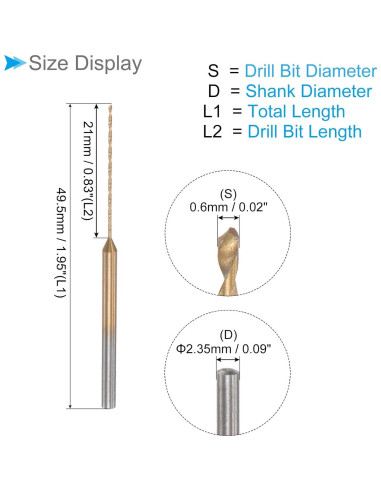 Mini Broca 0.6mm CoCud - Acero HSS Recubierta Titanio, 4 Piezas