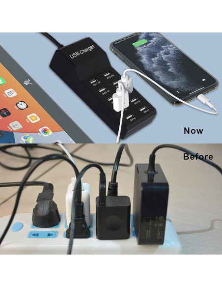 Cargador USB 50W Dongguan 10 Puertos Inteligentes Negro Cargador USB 50W Dongguan 10 Puertos Inteligentes Negro