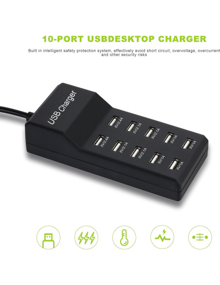 Cargador USB 50W Dongguan 10 Puertos Inteligentes Negro Cargador USB 50W Dongguan 10 Puertos Inteligentes Negro