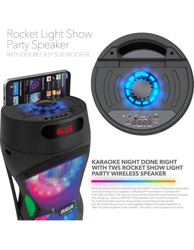 Altavoz Bluetooth RCA Disco 206 RGB, 2 Subwoofers 16.5cm