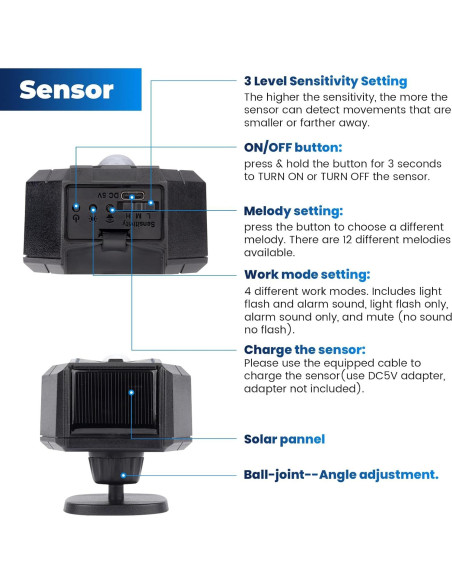 Alarma Solar Inalámbrica Wuloo con 1 Sensor y Receptor Alarma Solar Inalámbrica Wuloo con 1 Sensor y Receptor