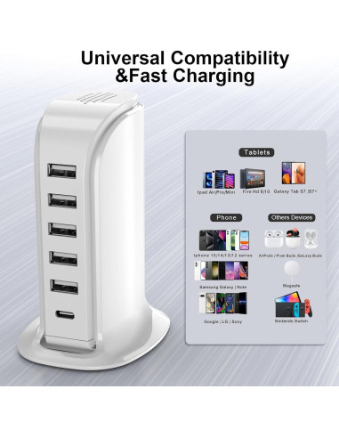 Estación de Carga Upoy, Hub Multi USB 5+1, Carga Rápida