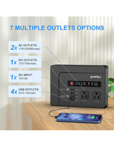 Generador Solar Portátil Powkey 200W con 146Wh y 7 Puertos