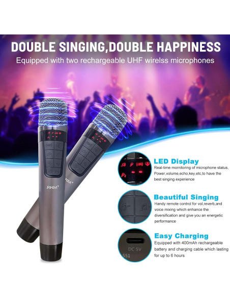 RHM K222 Karaoke Altavoz Bluetooth 2 Micrófonos UHF RHM K222 Karaoke Altavoz Bluetooth 2 Micrófonos UHF