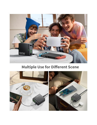 Cargador USB C 100W 6 Puertos GaN Adaptador de Pared