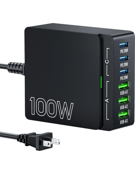 Cargador USB C 100W 6 Puertos GaN Adaptador de Pared Cargador USB C 100W 6 Puertos GaN Adaptador de Pared