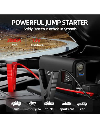 IDEAPLAY J10 Arrancador de Batería 2000A 12V con Linterna LED