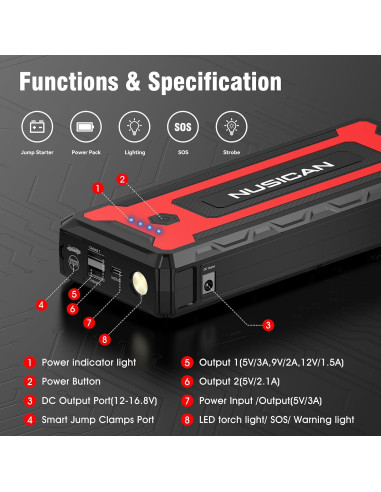 Arrancador de Salto NUSICAN N19 2600A 22000mAh 12V USB