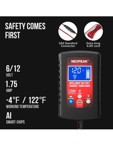 Cargador Mantenedor NEXPEAK 6V 12V Pantalla LCD 2 Años