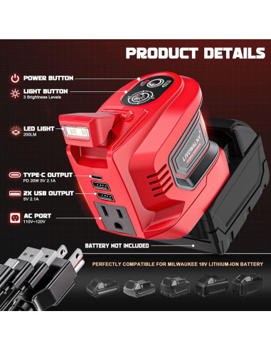 Inversor de Potencia 200W LIVOWALNY para Milwaukee 18V