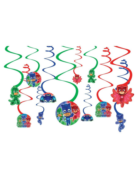 Decoraciones Colgantes de Espiral de Papel de Aluminio PJ Masks - 12 Piezas