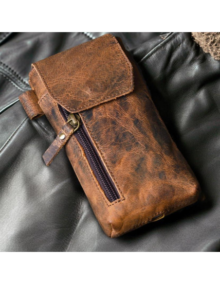 Funda de cuero genuino VIOM para smartphone 18x9 cm marrón Funda de cuero genuino VIOM para smartphone 18x9 cm marrón