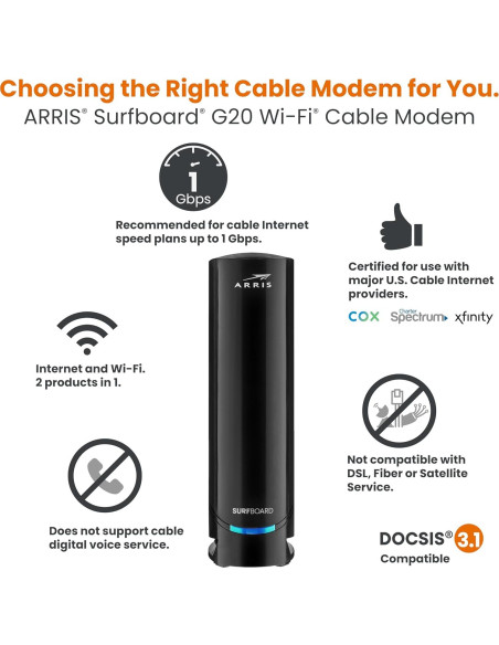 Módem y Router ARRIS G20 DOCSIS 3.1 WiFi 6 1 Gbps Módem y Router ARRIS G20 DOCSIS 3.1 WiFi 6 1 Gbps
