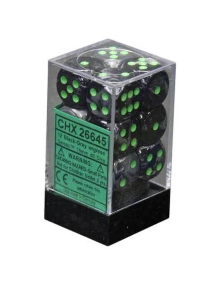 Juego de Dados D6 Chessex 12mm Gemini Negro Verde 12 Piezas Juego de Dados D6 Chessex 12mm Gemini Negro Verde 12 Piezas