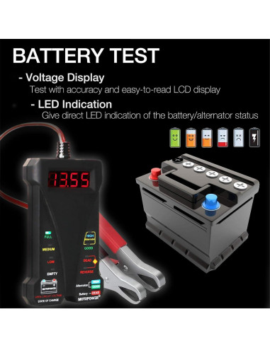 Probador Digital de Batería MOTOPOWER MP0514A 12V LCD