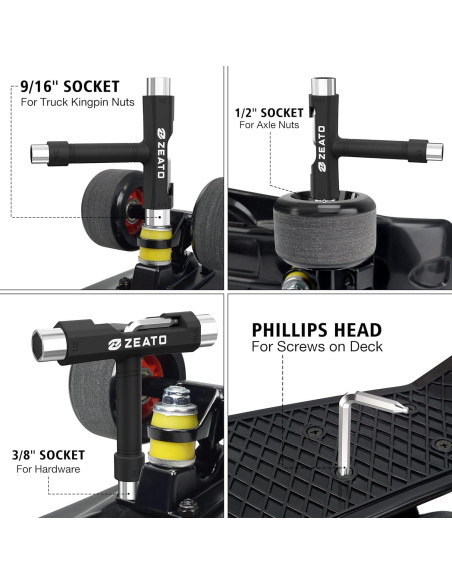 Herramienta T Multifuncional Zeato para Skateboard Negra Herramienta T Multifuncional Zeato para Skateboard Negra