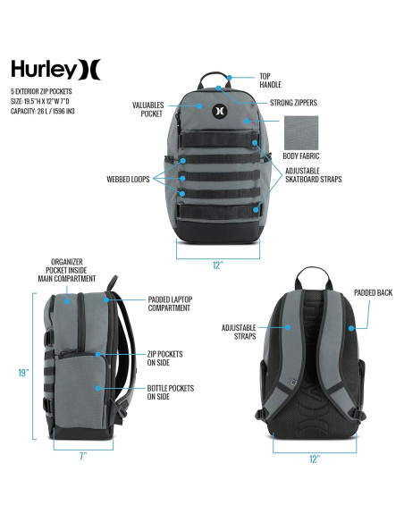 Mochila de Skateboard Hurley Negra 26L con Compartimento Laptop Mochila de Skateboard Hurley Negra 26L con Compartimento Laptop