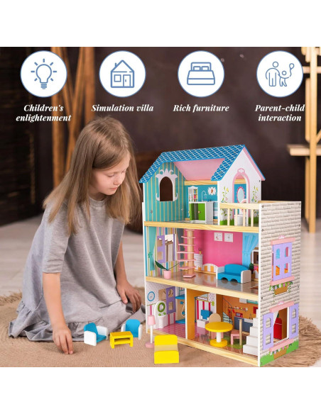 Casa de Muñecas de Madera WJZDY 3 Pisos con Muebles Casa de Muñecas de Madera WJZDY 3 Pisos con Muebles