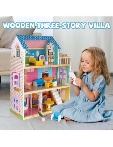 Casa de Muñecas de Madera WJZDY 3 Pisos con Muebles
