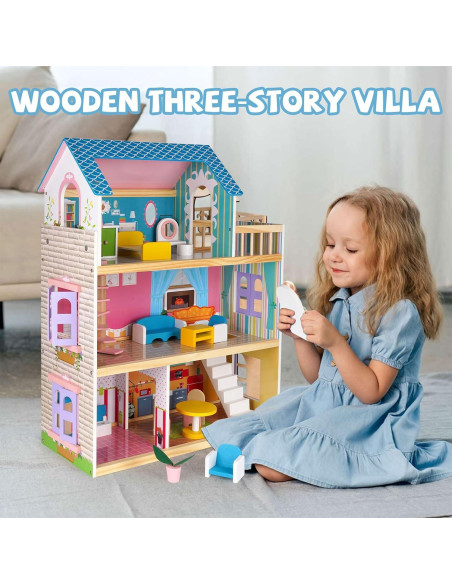 Casa de Muñecas de Madera WJZDY 3 Pisos con Muebles Casa de Muñecas de Madera WJZDY 3 Pisos con Muebles