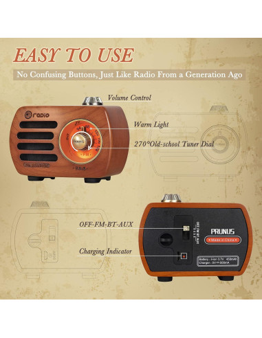 Radio FM Retro PRUNUS R-818 Bluetooth Madera Cereza