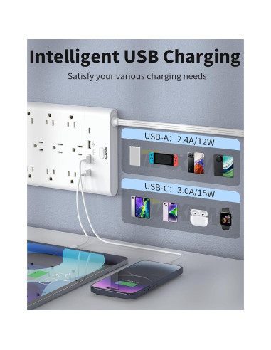 Regleta de Protección Maxpw 19 Salidas 4 USB 6.5 Pies Blanca