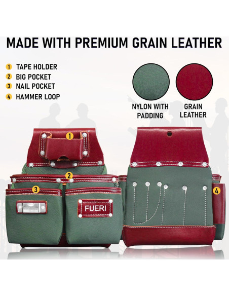 Cinturón de herramientas FUERI 19 bolsillos Nylon Cuero Verde