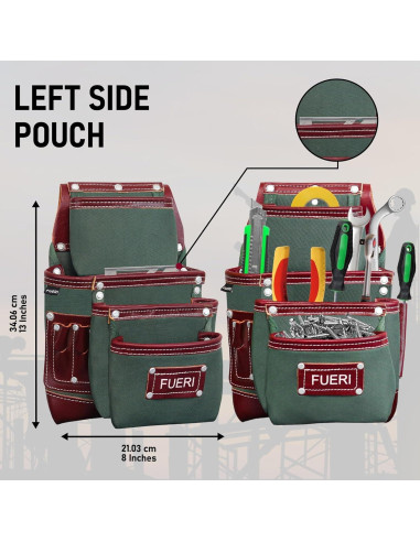 Cinturón de herramientas FUERI 19 bolsillos Nylon Cuero Verde