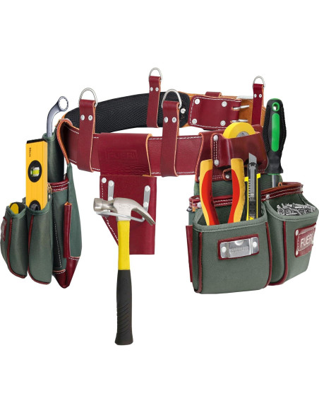 Cinturón de herramientas FUERI 19 bolsillos Nylon Cuero Verde