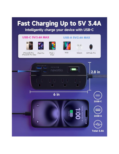 Regleta de Protección Navoltio 8 Salidas AC 4 USB Carga Rápida