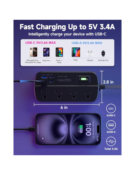 Regleta de Protección Navoltio 8 Salidas AC 4 USB Carga Rápida Regleta de Protección Navoltio 8 Salidas AC 4 USB Carga Rápida