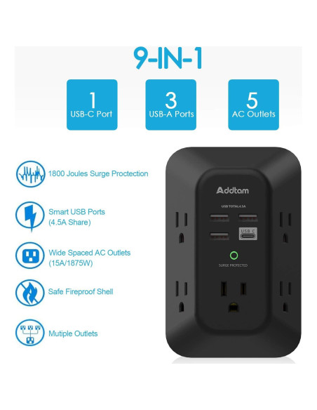 Cargador de Pared USB Addtam 5 Salidas 4 Puertos Carga Rápida Cargador de Pared USB Addtam 5 Salidas 4 Puertos Carga Rápida