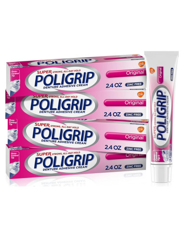 Super Poligrip Crema Adhesiva para Dentaduras Sin Zinc 4x70g