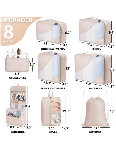 Set de 8 Cubos de Empaque OlarHike Crema para Viaje