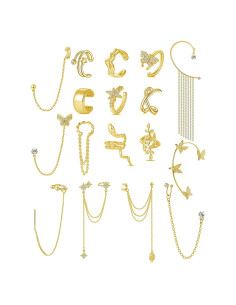Aretes Cuff Tornito 17Pcs Cadena Serpiente Mariposa Hoja