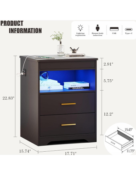 Mesita de Noche FREDEES BL-9602-27 con Carga USB y LED Mesita de Noche FREDEES BL-9602-27 con Carga USB y LED