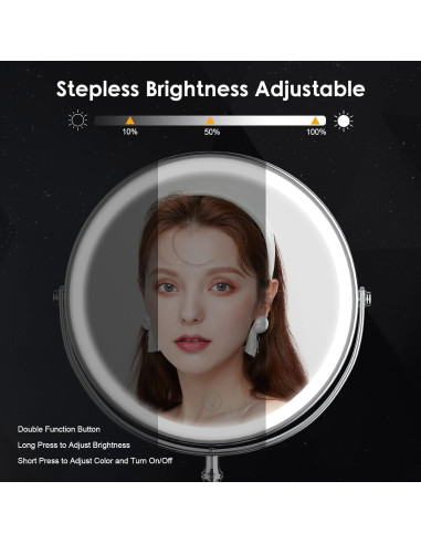 Espejo de Maquillaje Iluminado DEIOVWXS 20 cm 1x/10x Rotación 360